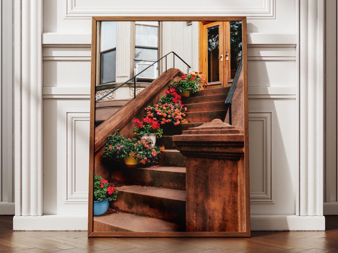 New York Brownstone Stoop With Colorful Potted Flowers Poster