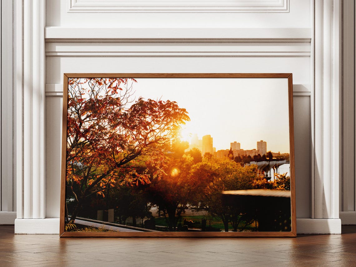 Golden Autumn Sunset Through Trees City Skyline Photography Poster