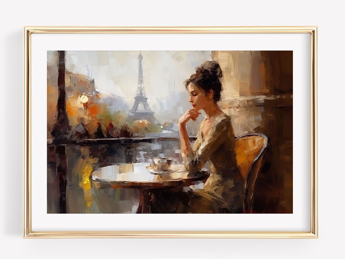 Paris Cafe Woman Eiffel Tower Impressionist Oil Painting Print