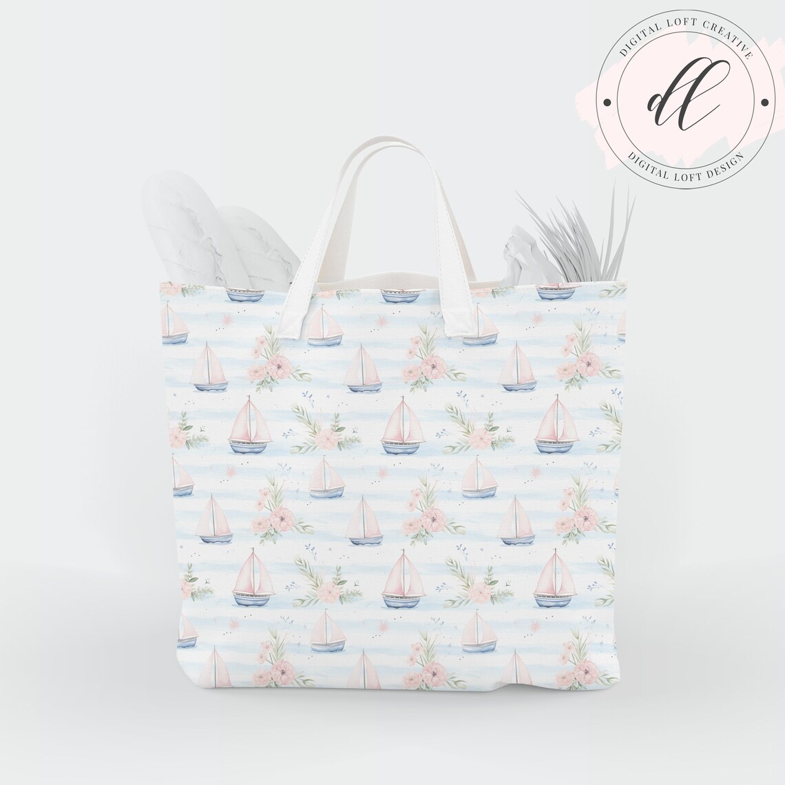 Pink Sailboats Nautical Seamless Pattern Floral Sea Wall Art - Image 2