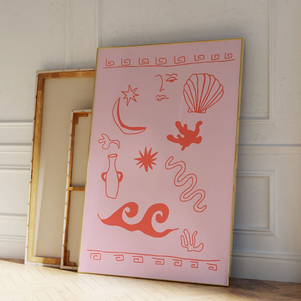 Greek Coastal Icons Red Line Art Beach Pink Shell Moon Poster