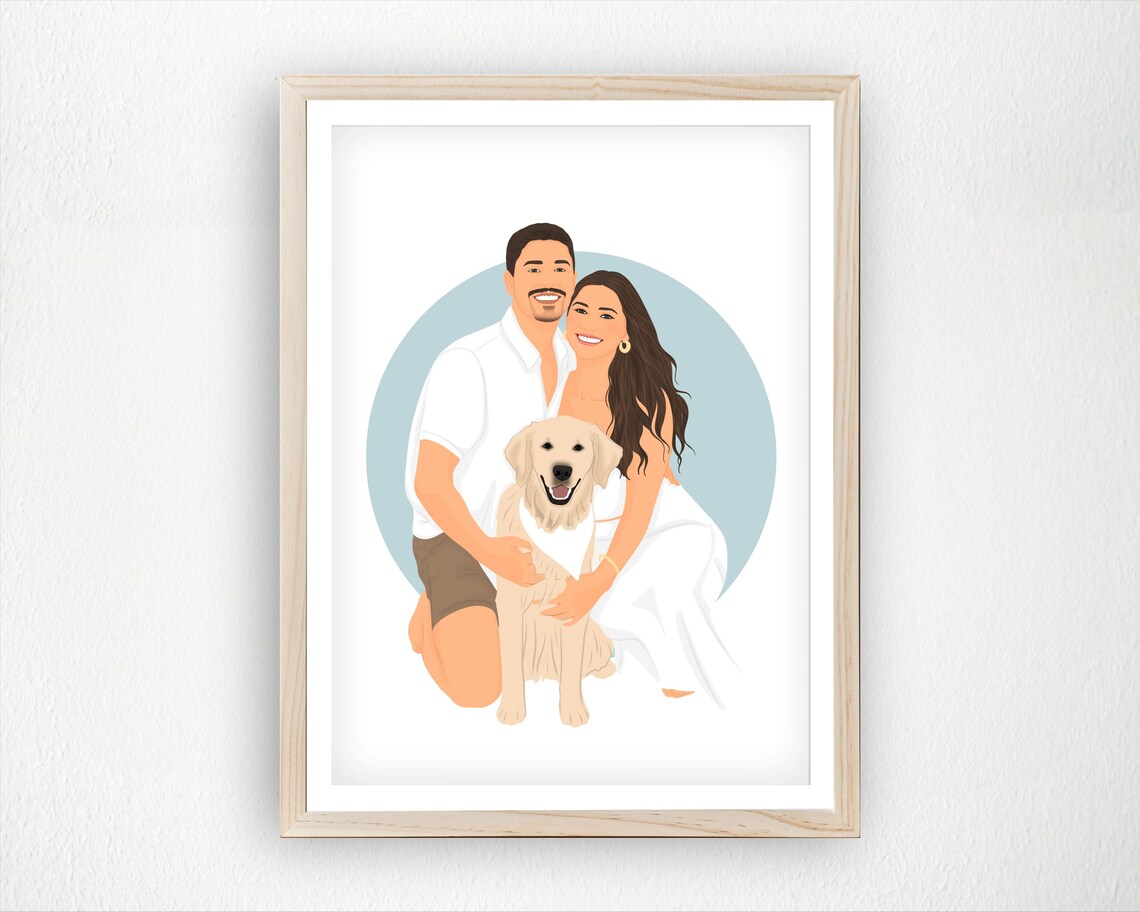 Custom Couple And Pet Portrait Art Print