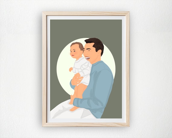 Custom Father and Baby Portrait Illustration Tender Embrace Poster