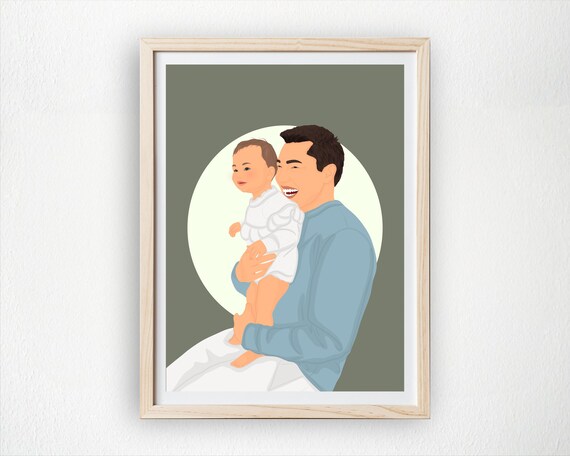 Personalized Dad And Baby Portrait Custom Fathers Day Gift Modern Family Art Print Illustration For