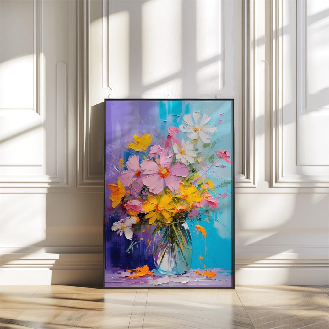 Colorful Wildflower Bouquet in Glass Vase Impasto Art Poster - Image 3
