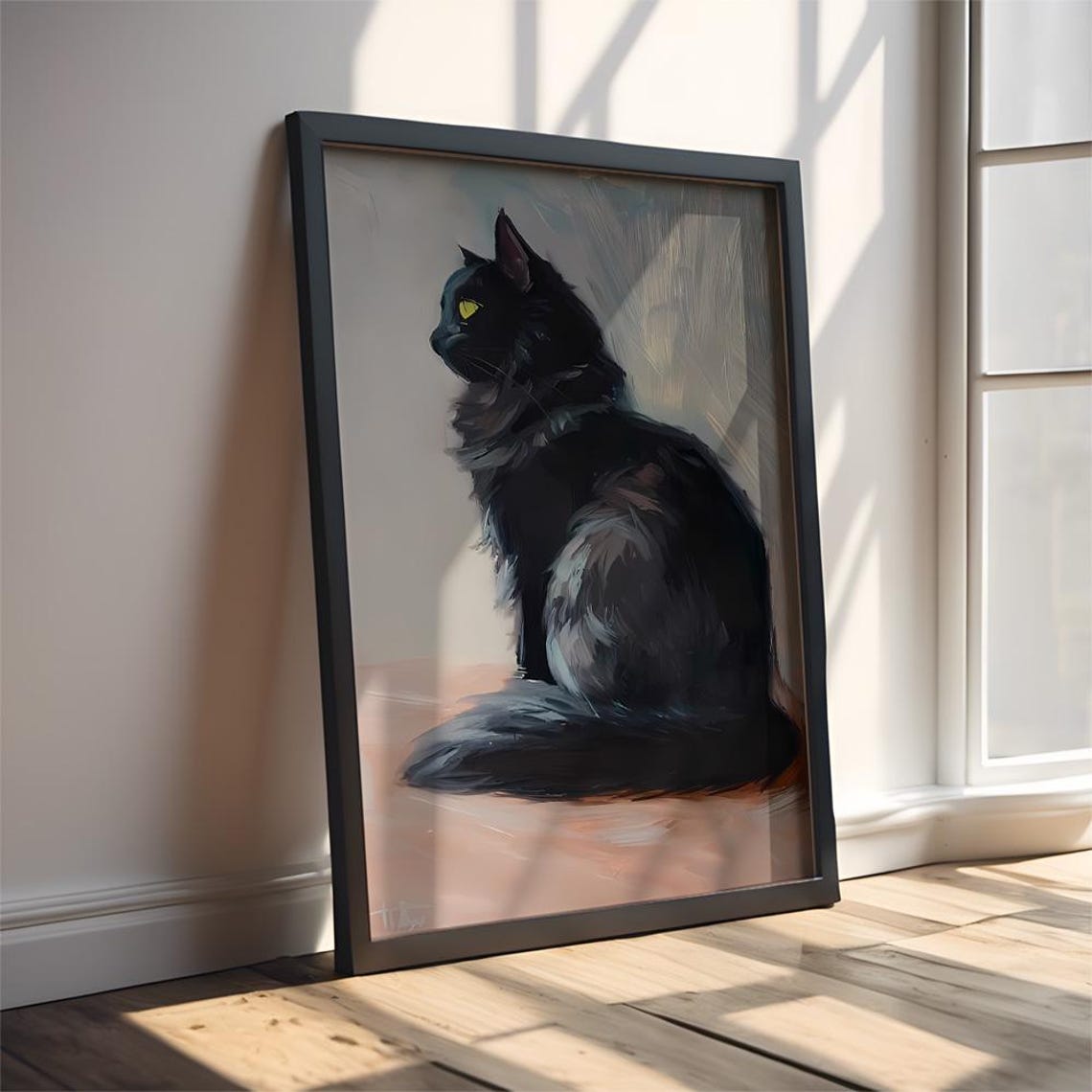Regal Black Cat in Profile Oil Portrait Minimalist Art Poster - Image 2
