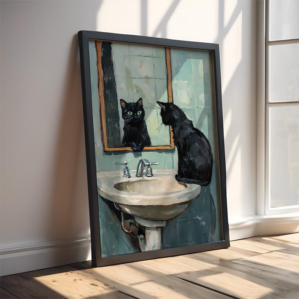 Black Cat Sitting on Bathroom Sink Staring into Mirror Poster - Image 3