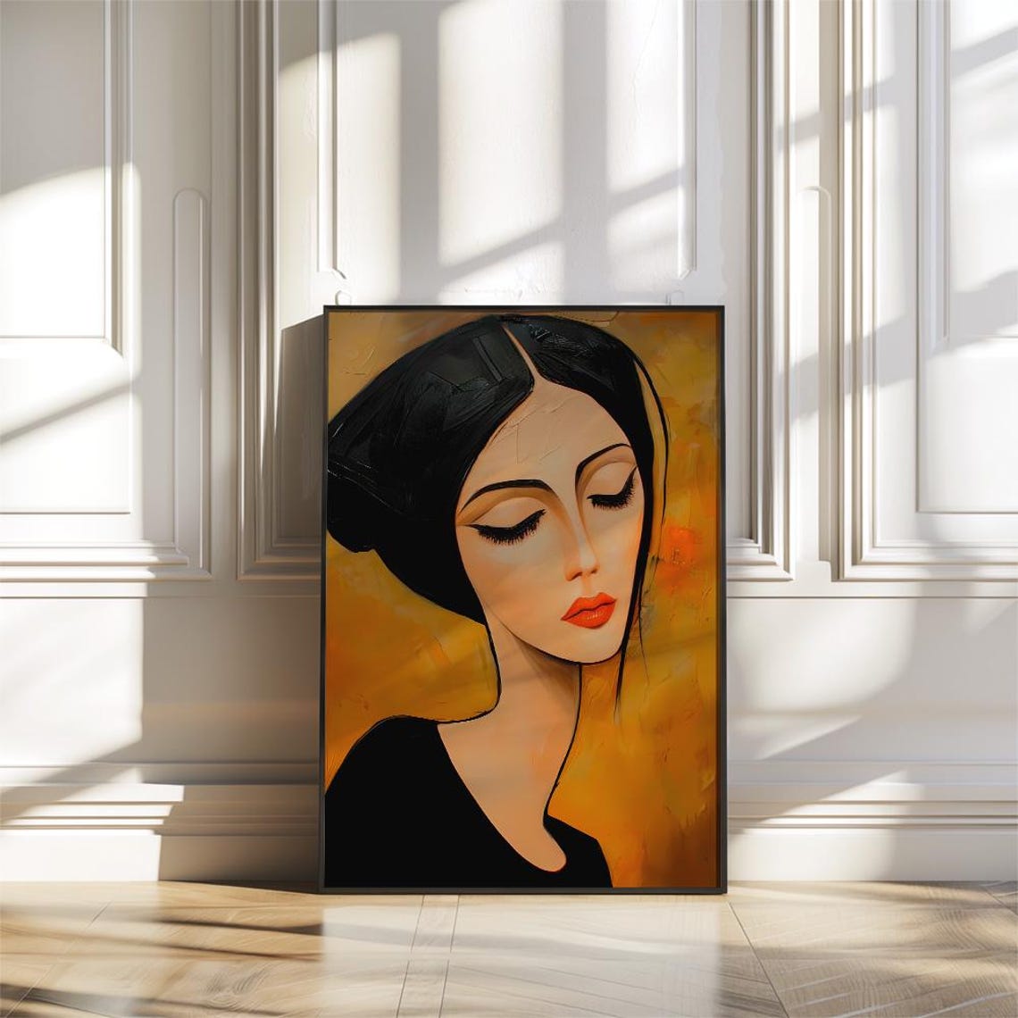 Woman's Portrait With Closed Eyes on Amber Background Art Poster - Image 3