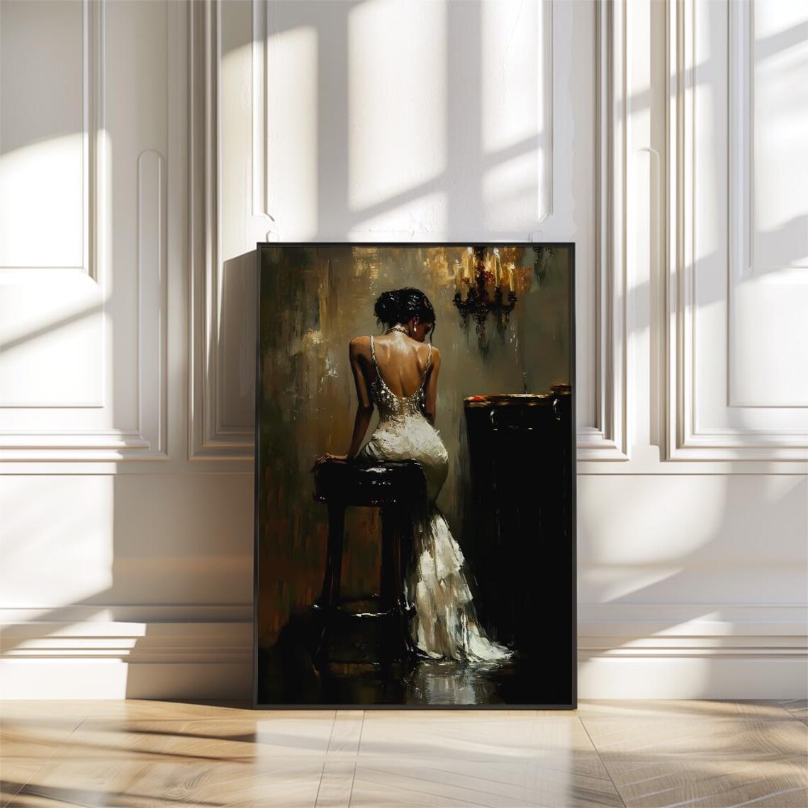 Woman in White Dress on Bar Stool Moody Candlelit Oil Painting Poster - Image 2