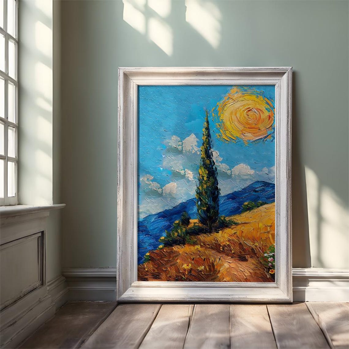 Impressionist Landscape Van Gogh Style Painting Printed Oil Painting Blue Sky And Sun Vintage Wall Decor Art Of Nature Sunny Day Tree - Image 2