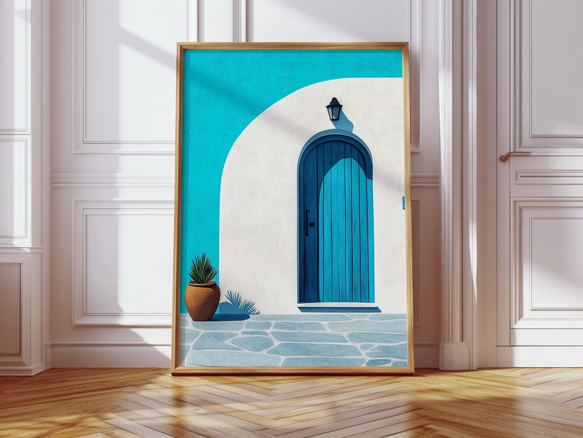 Mediterranean Blue Arched Door Santorini Style Coastal Art Poster