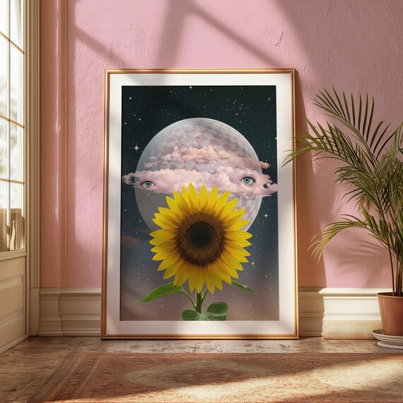 Dreamy Sunflower Blooming Before a Cloud-Eyed Checkered Moon Poster