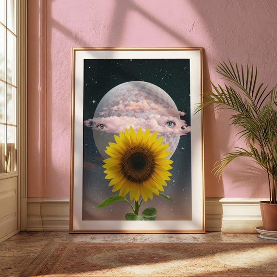 Surreal Sunflower Moon Art Print Dreamy Celestial Illustration