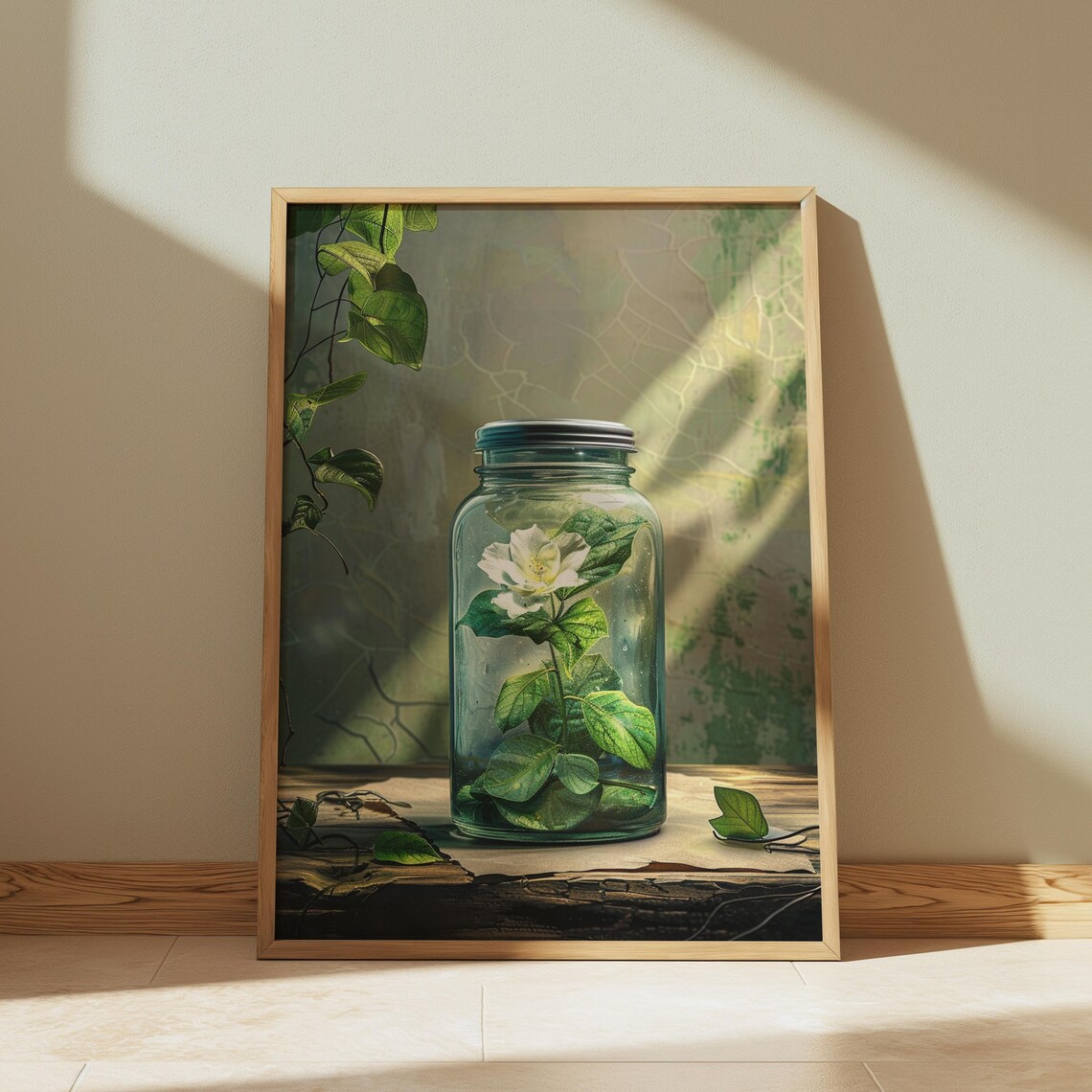 White Flower in Glass Jar Green Botanical Still Life Art Poster