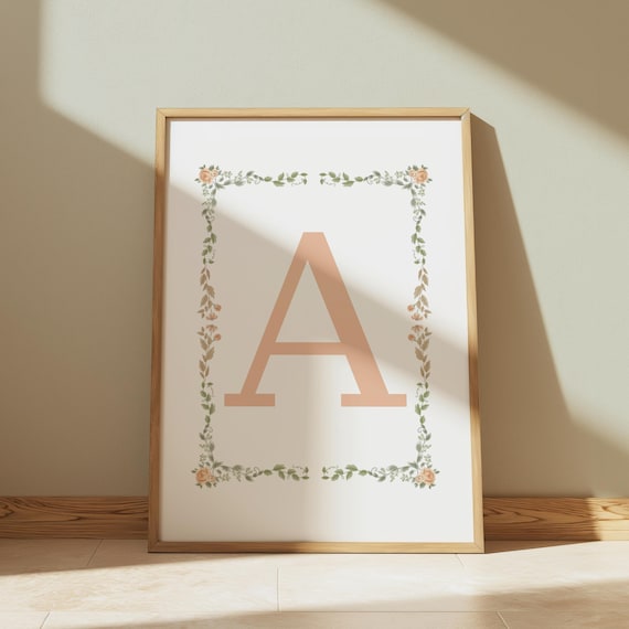 Peach Botanical Vine Border Letter A Floral Monogram Nursery Poster