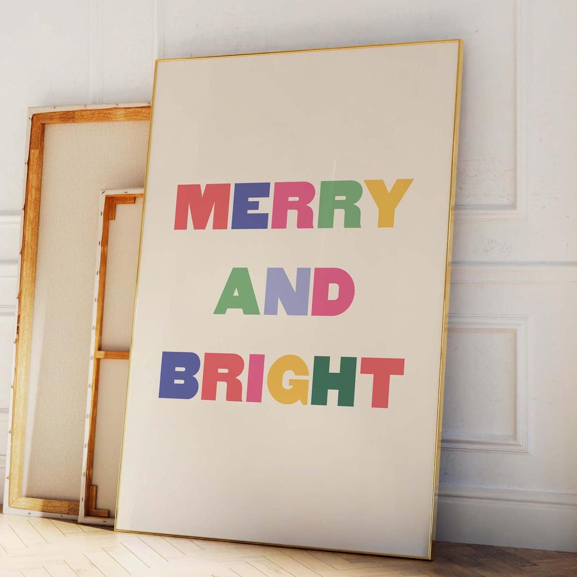 Merry And Bright Rainbow Letters Christmas Typography Wall Poster