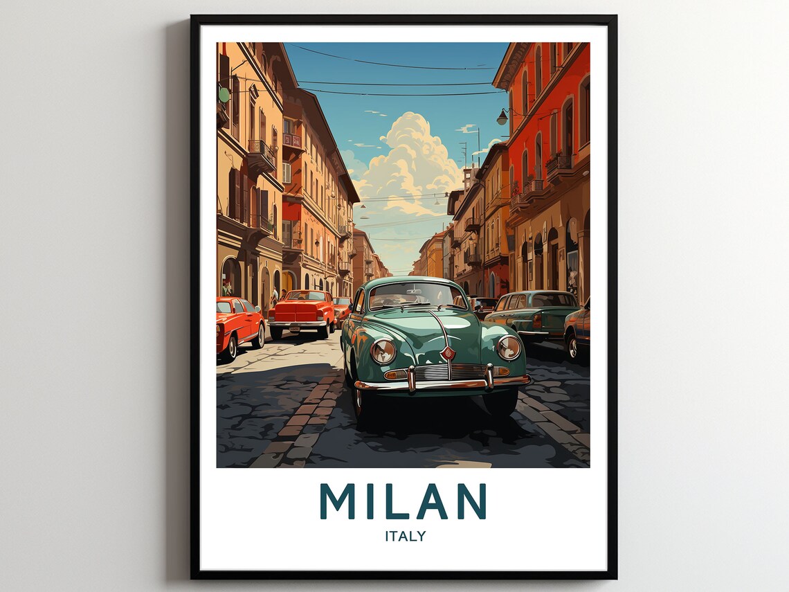 Milan Italy Classic Car Street Scene Vintage City Travel Poster