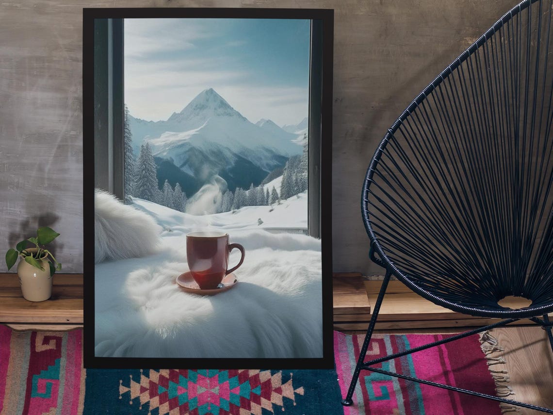 Snowy Mountain Peak Window View Cozy Coffee Cup Winter Poster - Image 3