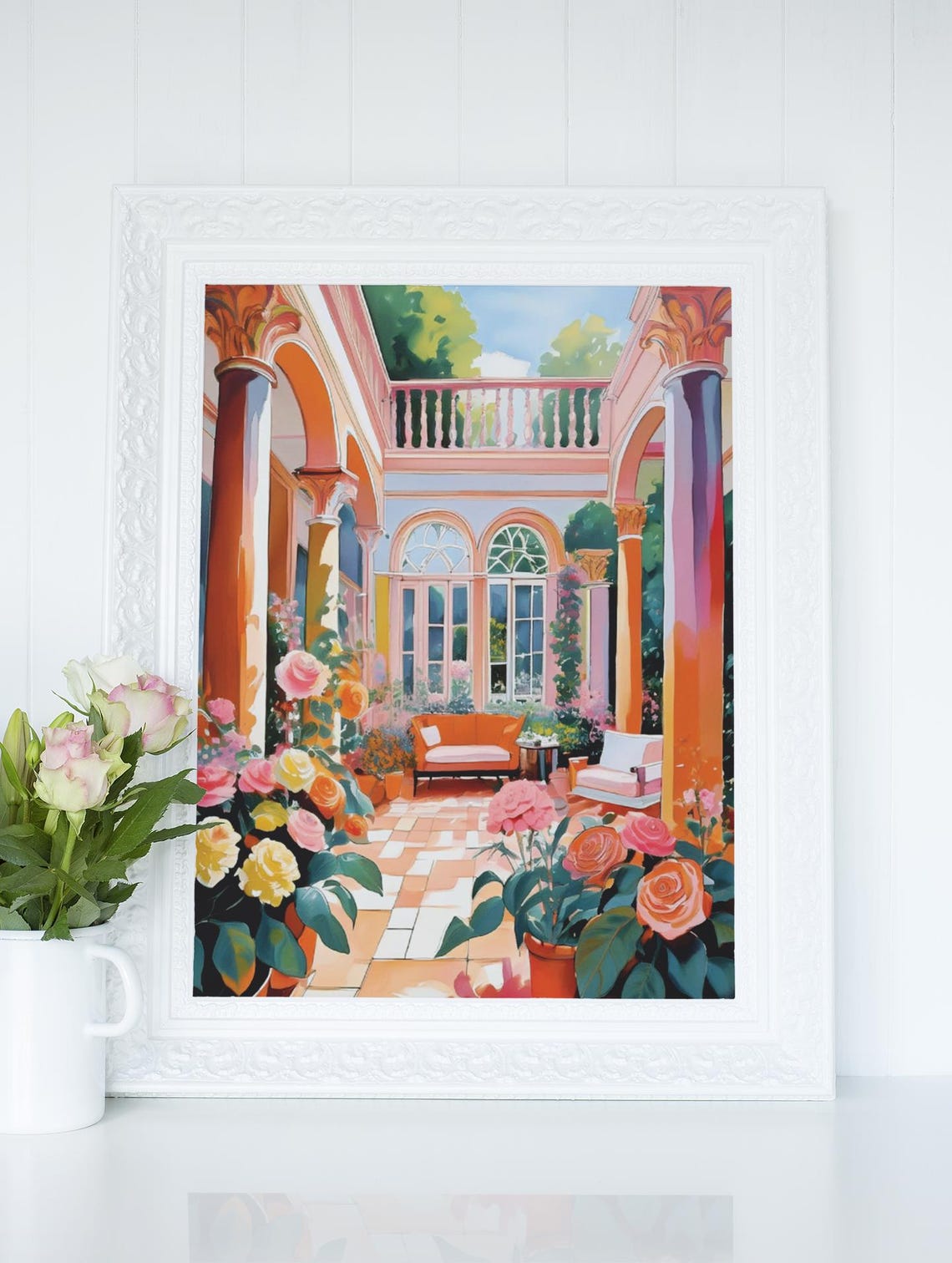 Romantic Mediterranean Rose Garden Courtyard Arches Art Poster - Image 3