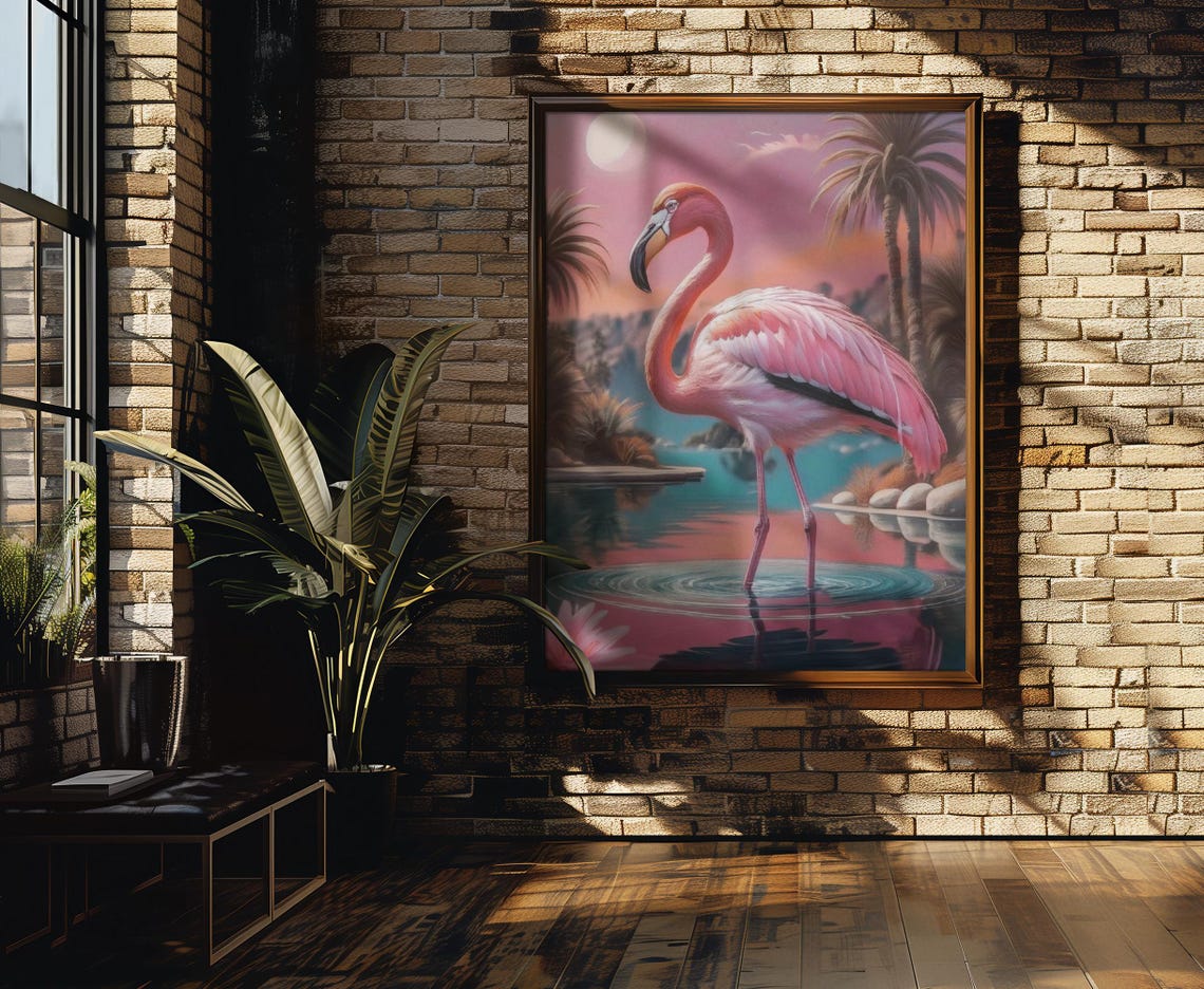 Pink Flamingo At Sunset Over Water Tropical Palm Trees Poster - Image 2