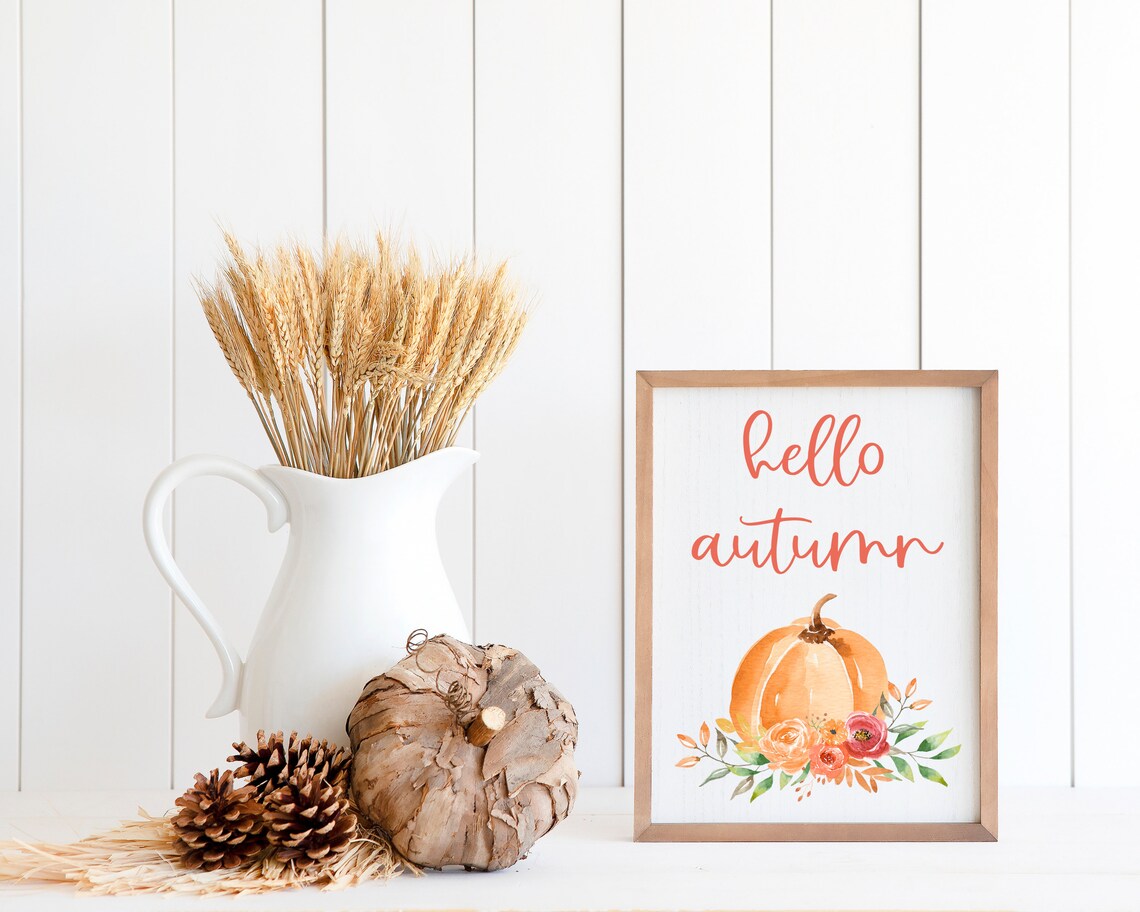Hello Autumn Fall Pumpkin Quote Art Print