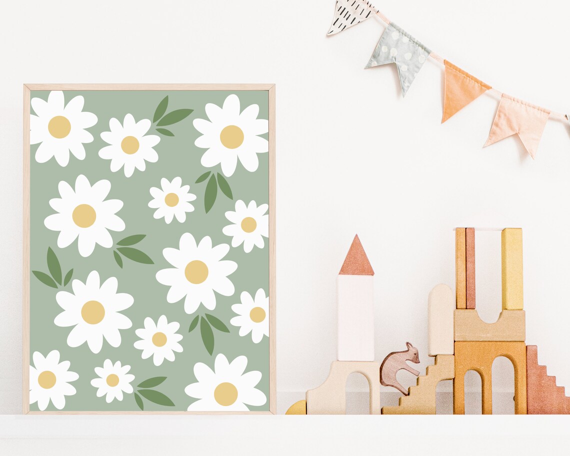 Boho Daisy Nursery Art Print, Sage Green Floral Decor - Image 2