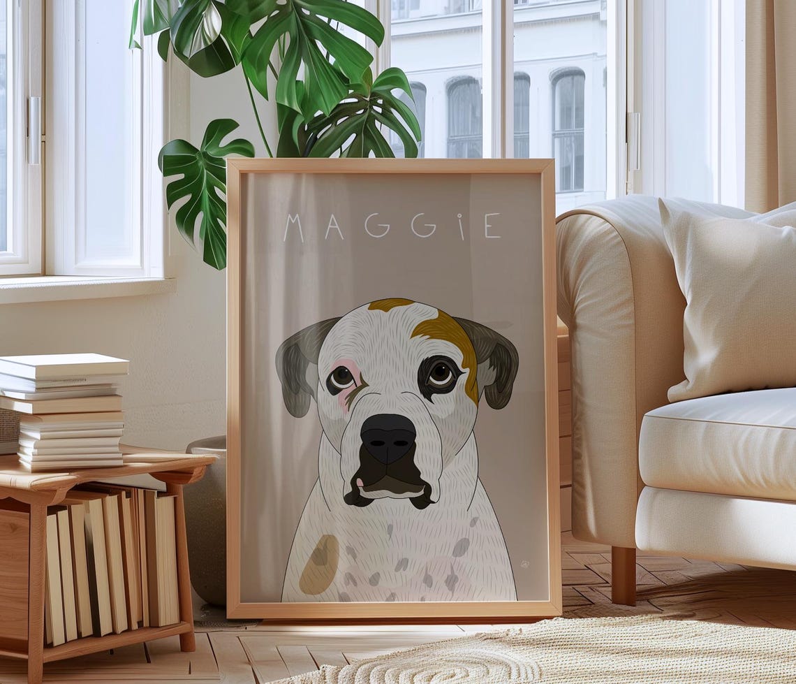Maggie White and Tan Pit Bull Custom Dog Portrait Illustration Poster - Image 2