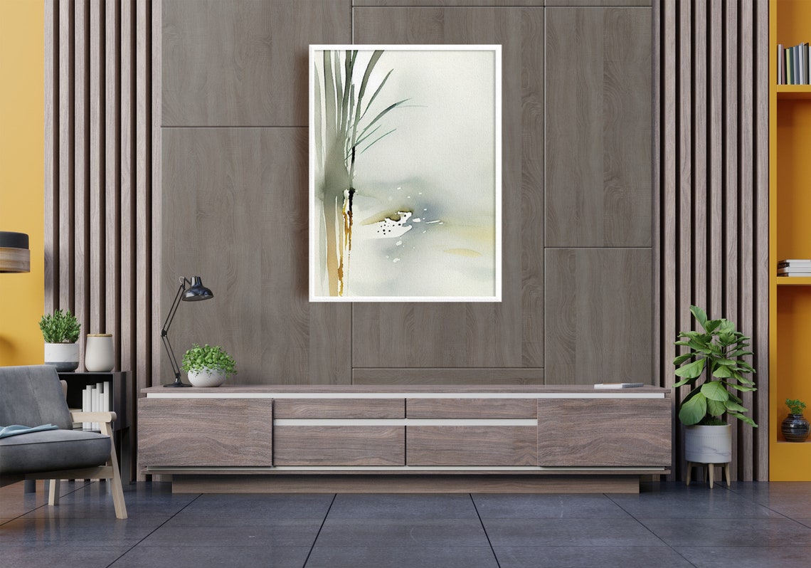 Abstract Watercolor Reeds Sage Green Gold Minimalist Botanical Poster - Image 3