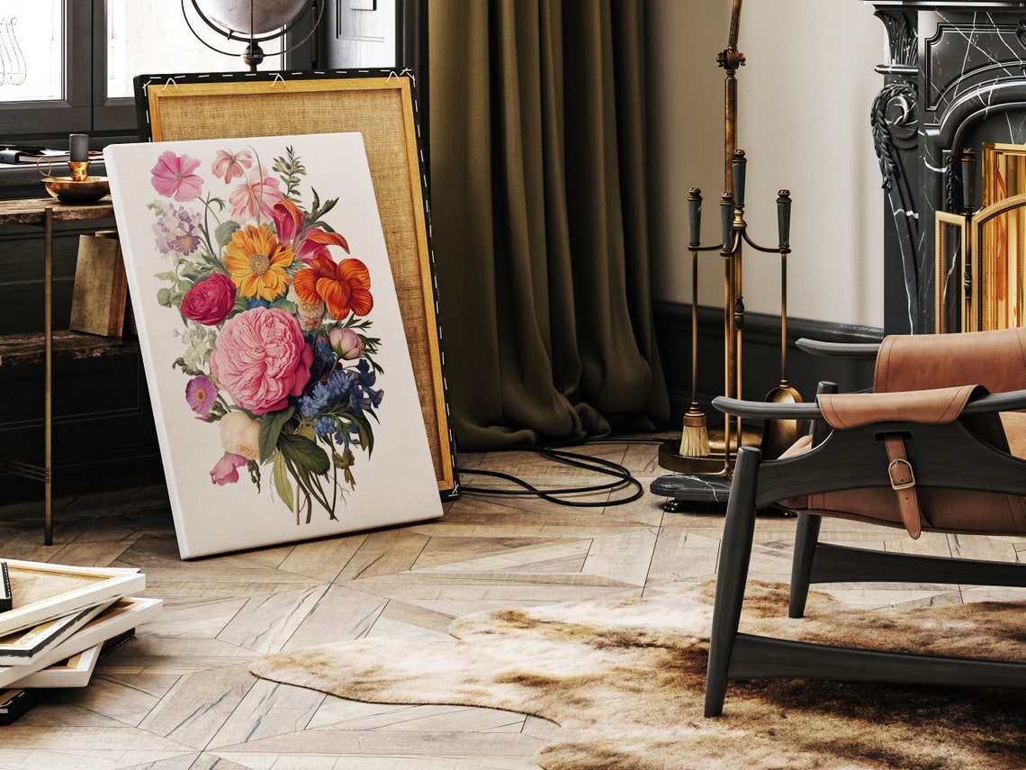 Pink Peony Wildflower Bouquet Vintage Botanical White Canvas Wall Art - Image 2