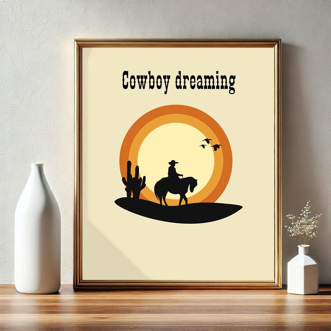 Cowboy Dreaming Retro Sunset Cowboy on Horse Western Art Poster