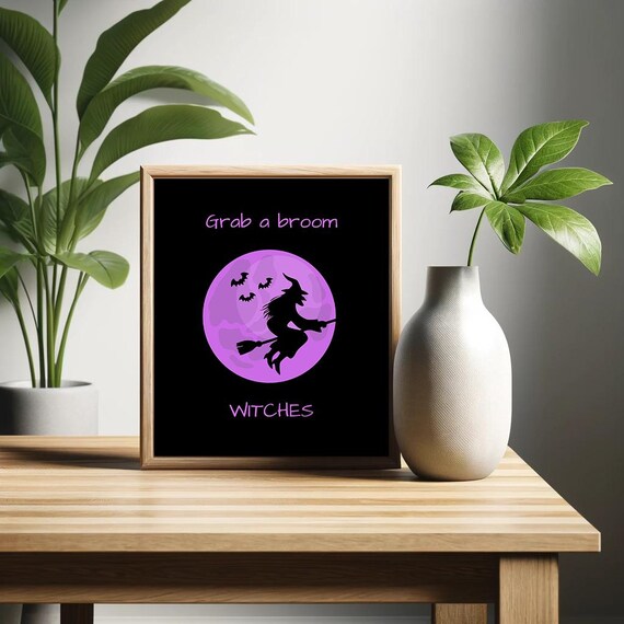 Grab a Broom Witches Purple Moon Spooky Halloween Decor Poster