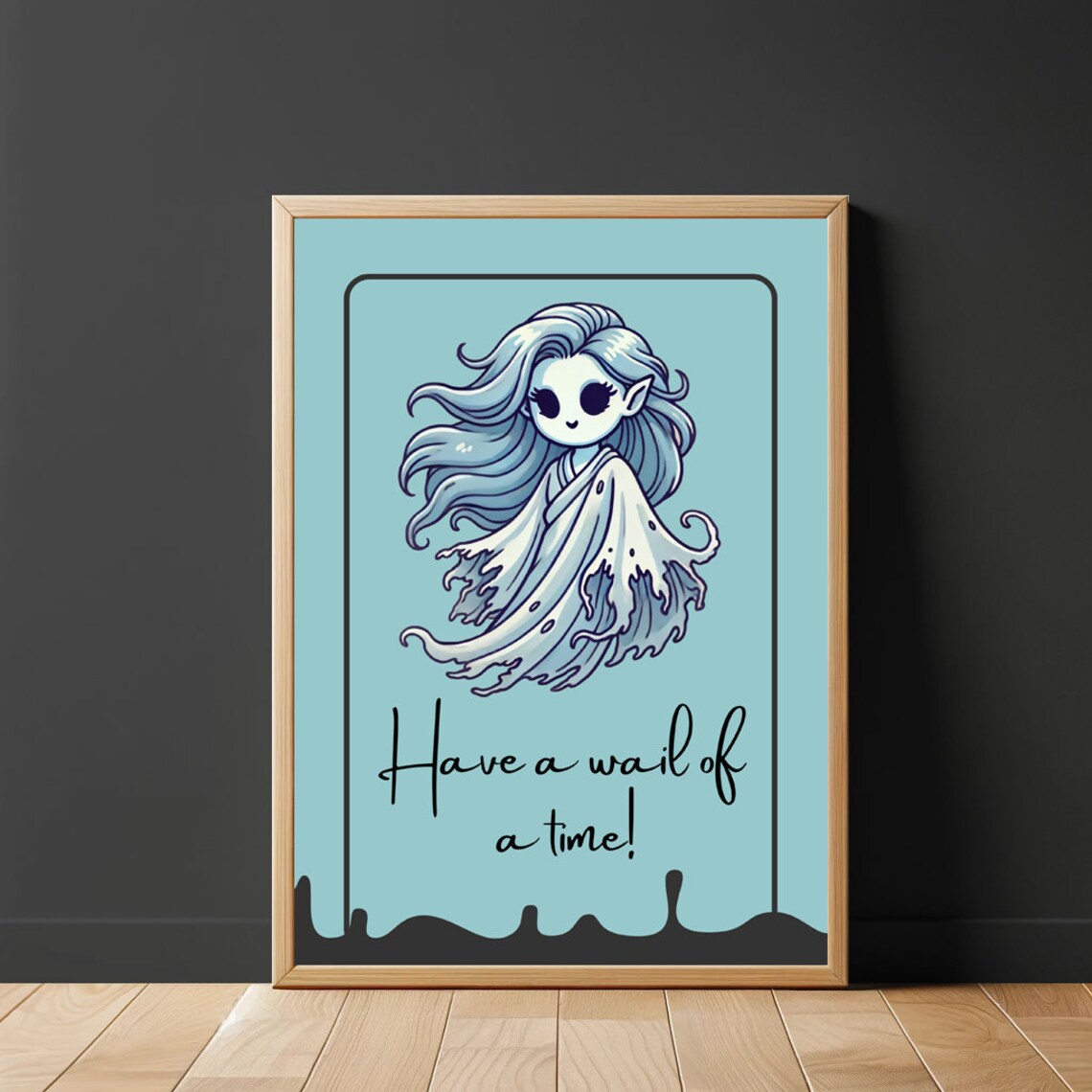 Have A Wail Of A Time Cute Ghost Girl Sweet Blue Spooky Wall Art
