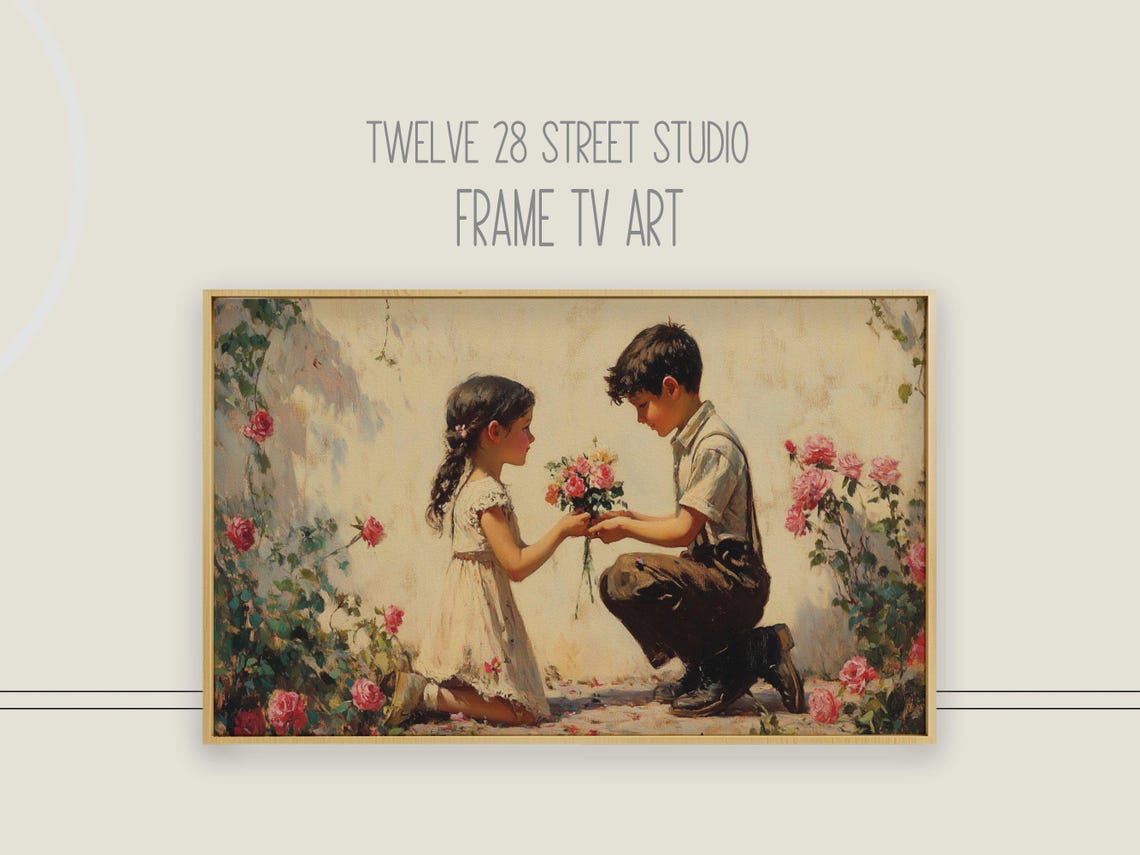 Valentines Day Vintage Boy Offering Roses Romantic Rose Garden Poster