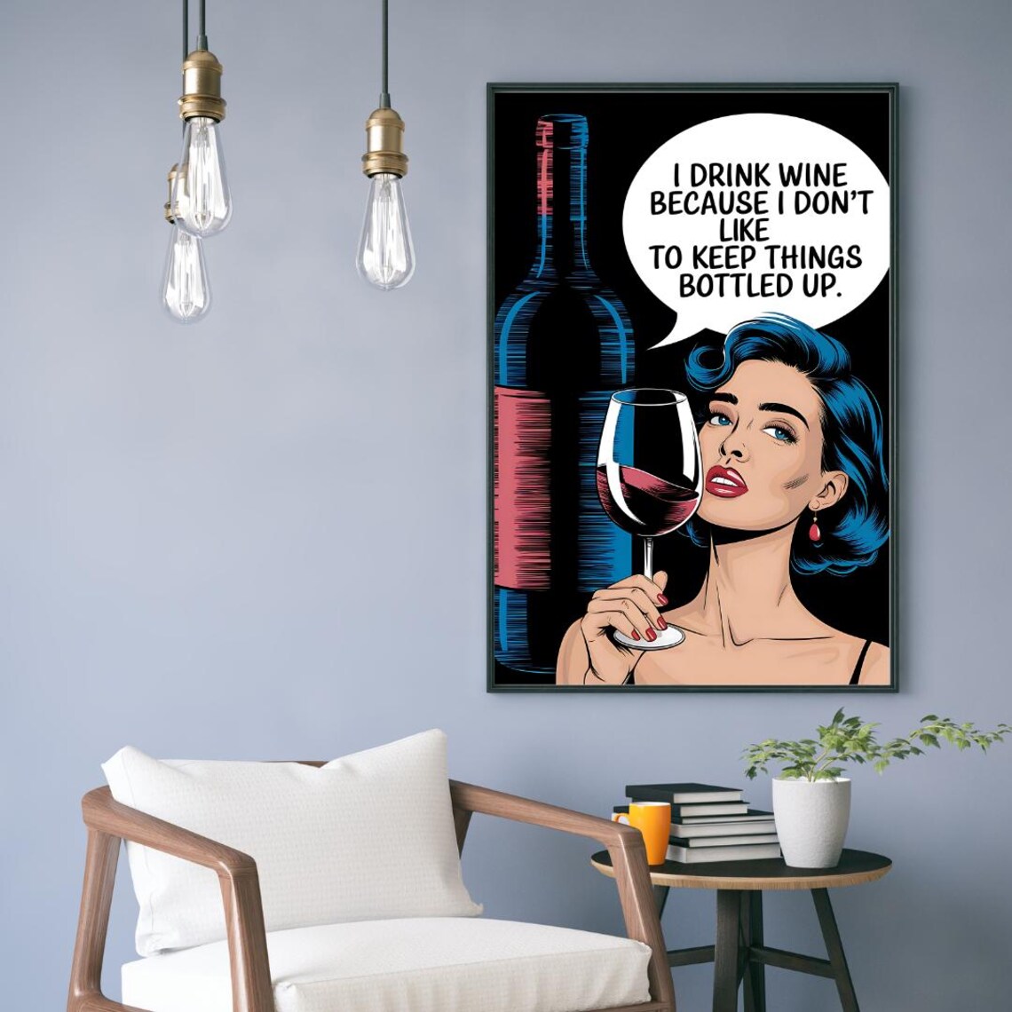 Pop Art Blue Haired Woman Keep Things Bottled Up Wine Pun Poster - Image 6