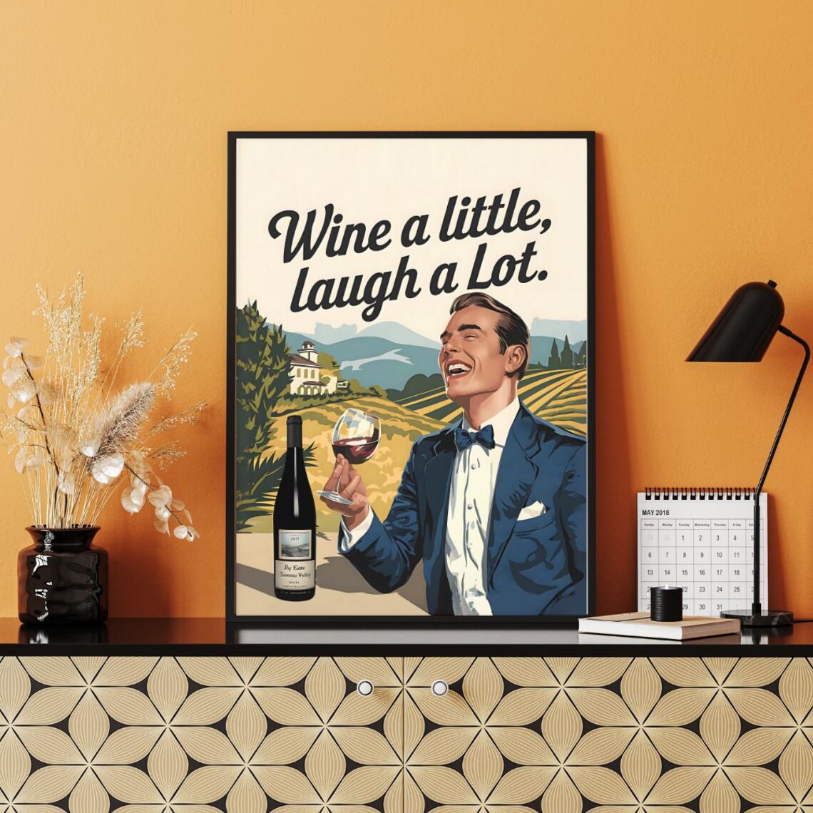 Vintage Wine a Little Laugh a Lot Laughing Vineyard Man Poster - Image 3