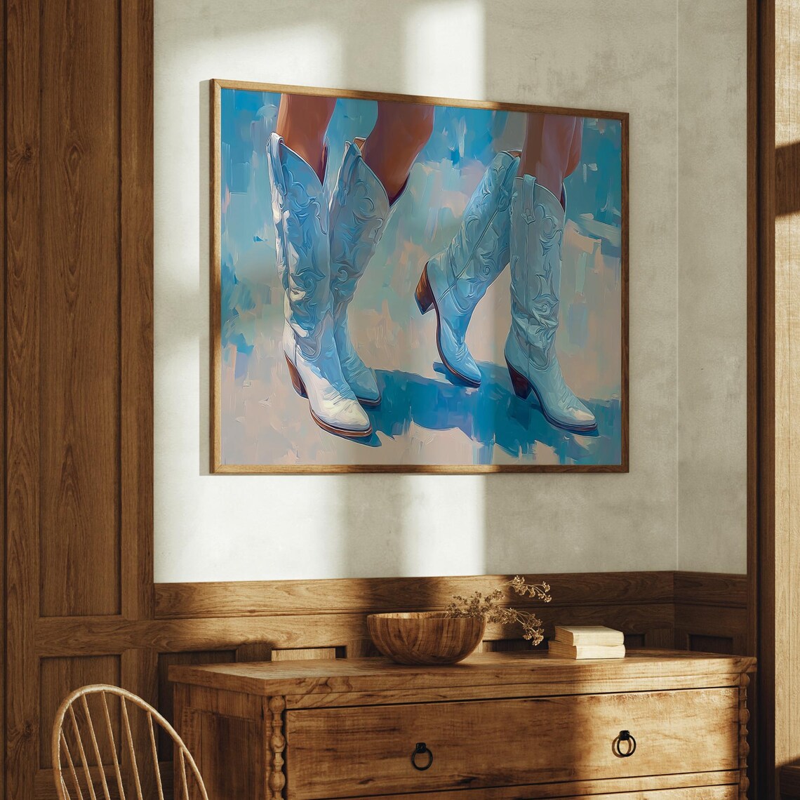 White Cowboy Boots Dancing Legs Painting Soft Blue Western Wall Art