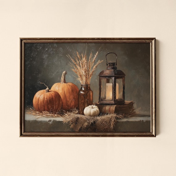 Thanksgiving Pumpkins Wheat and Lantern Still Life Oil Painting Poster
