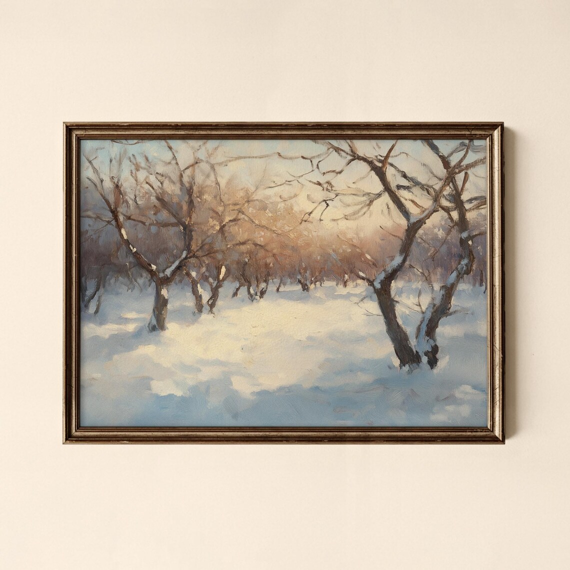 Snowy Winter Woodland with Bare Trees Vintage Oil Painting Print