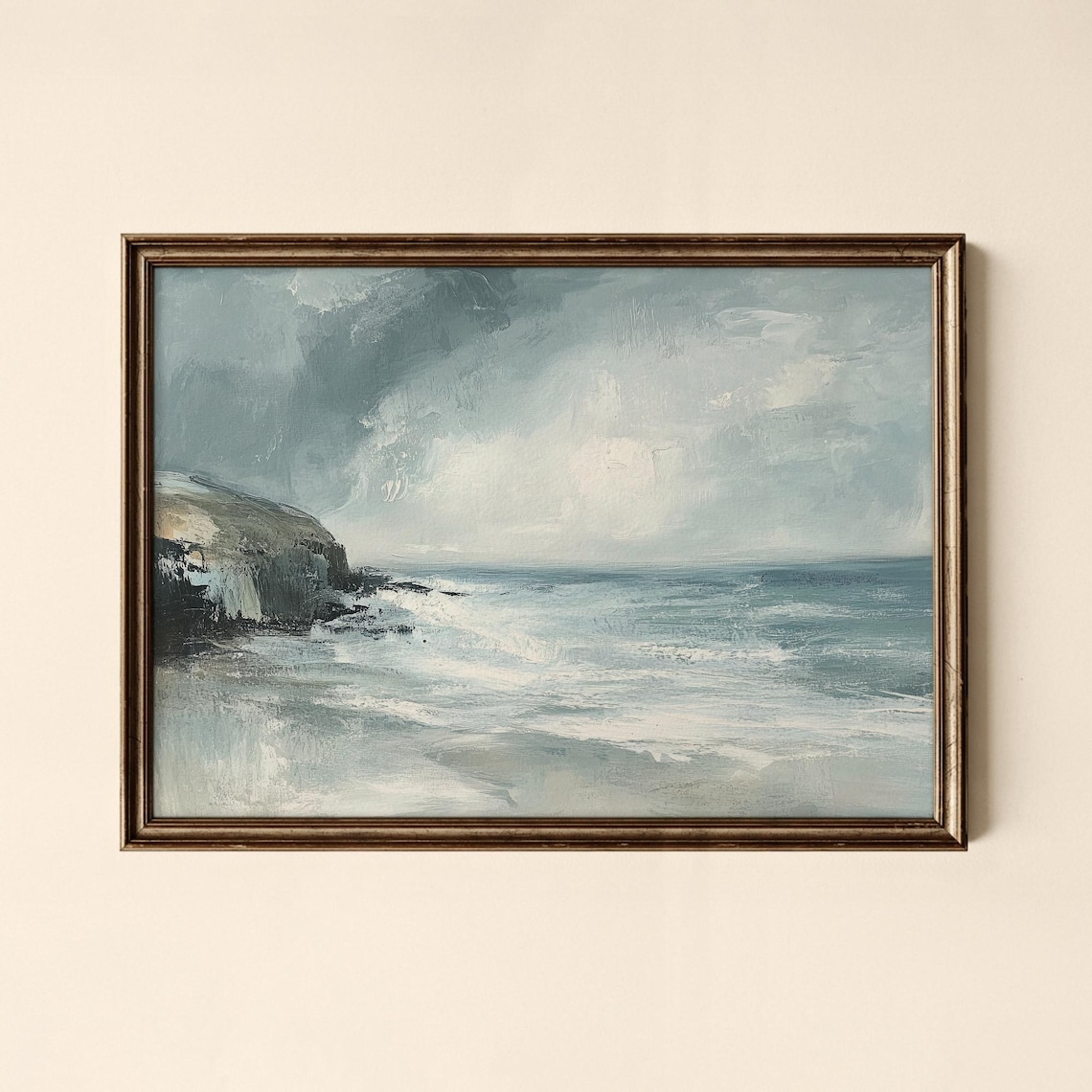 Moody Gray Blue Seascape Ocean Waves Rocky Coast Painting Print