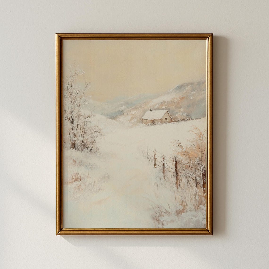 Lone Winter Cabin Snowy Field Pale Sky Vintage Painting Poster