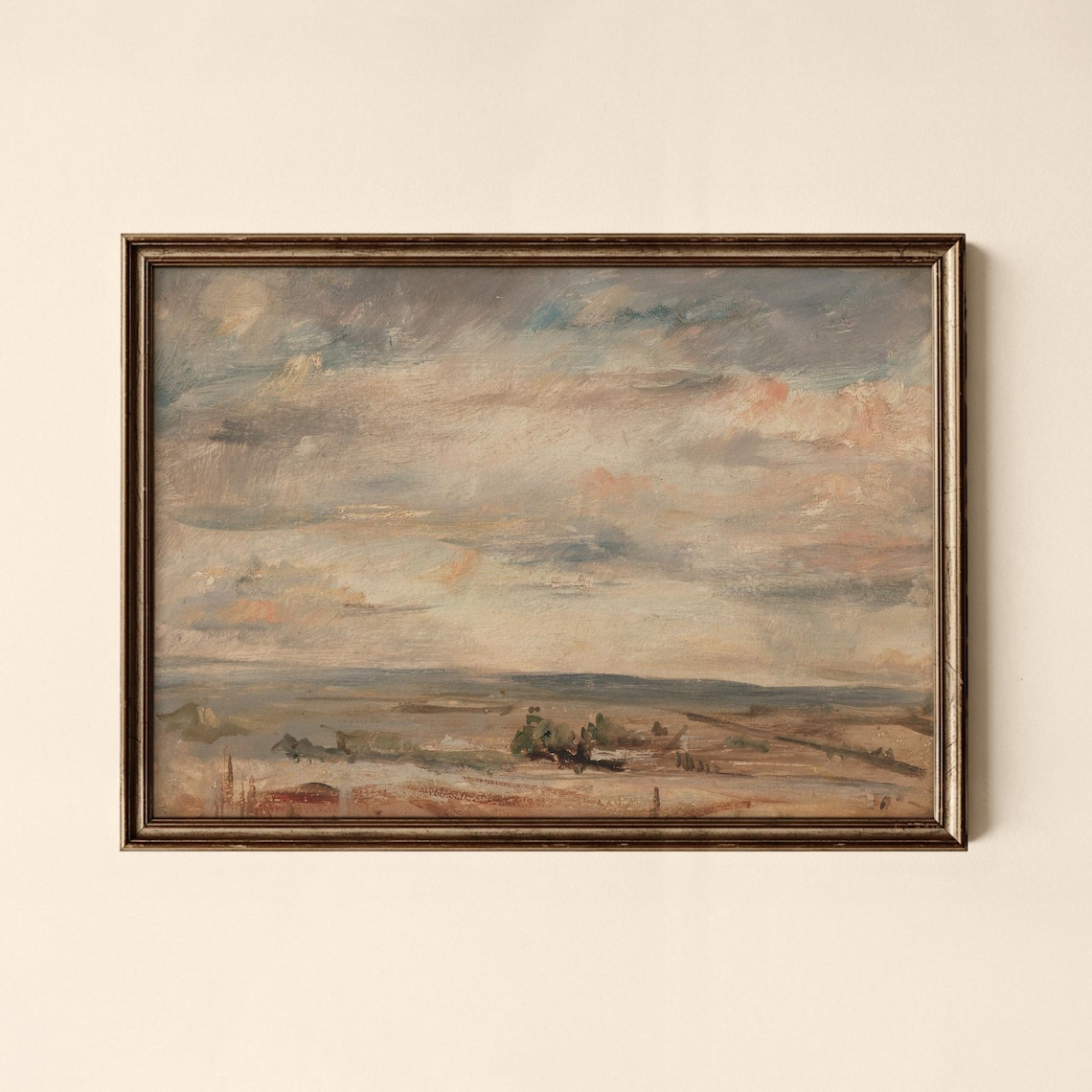 Vintage Coastal Landscape Oil Painting With Dramatic Cloudy Sky Print