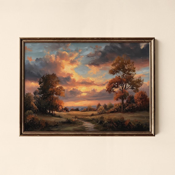 Dramatic Autumn Sunset Clouds Golden Landscape Oil Art Poster