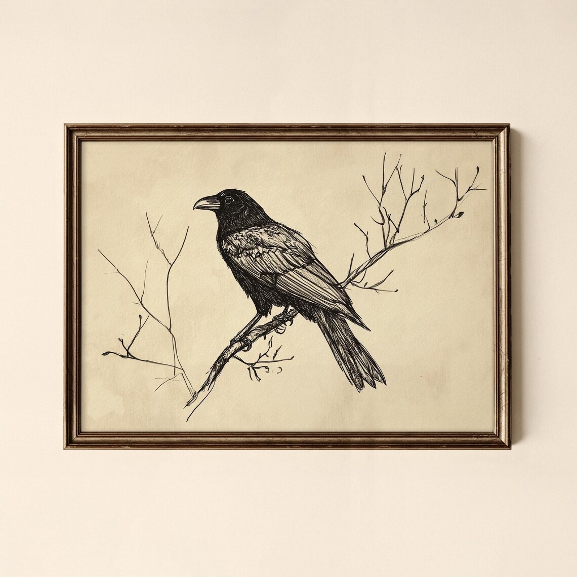 Crow on Branch Detailed Ink Sketch Vintage Bird Drawing Art Poster