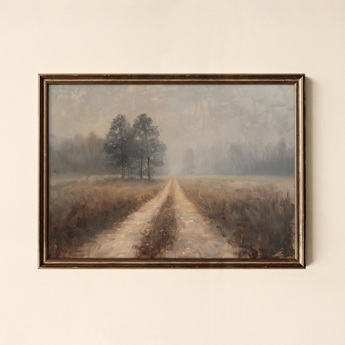 Misty Country Road Through Foggy Field Moody Rural Landscape Print