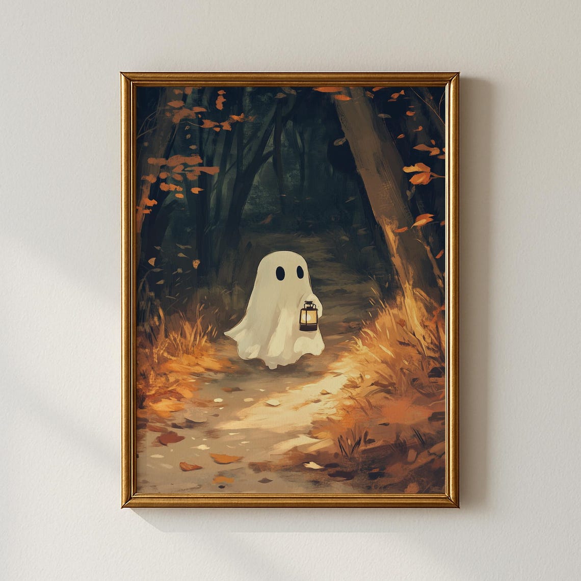 Cute Ghost Lantern Autumn Forest Path Moody Halloween Poster