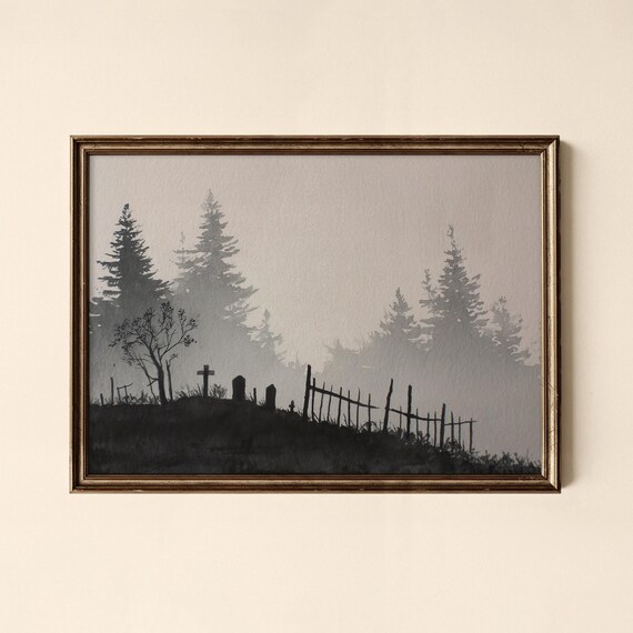 Halloween Graveyard Watercolor Poster Misty Cemetery Spooky Night