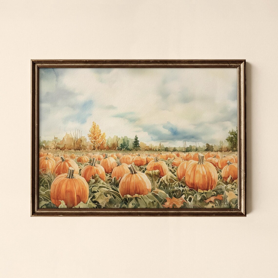 Autumn Pumpkin Patch Art Poster Watercolor Harvest Field Scene