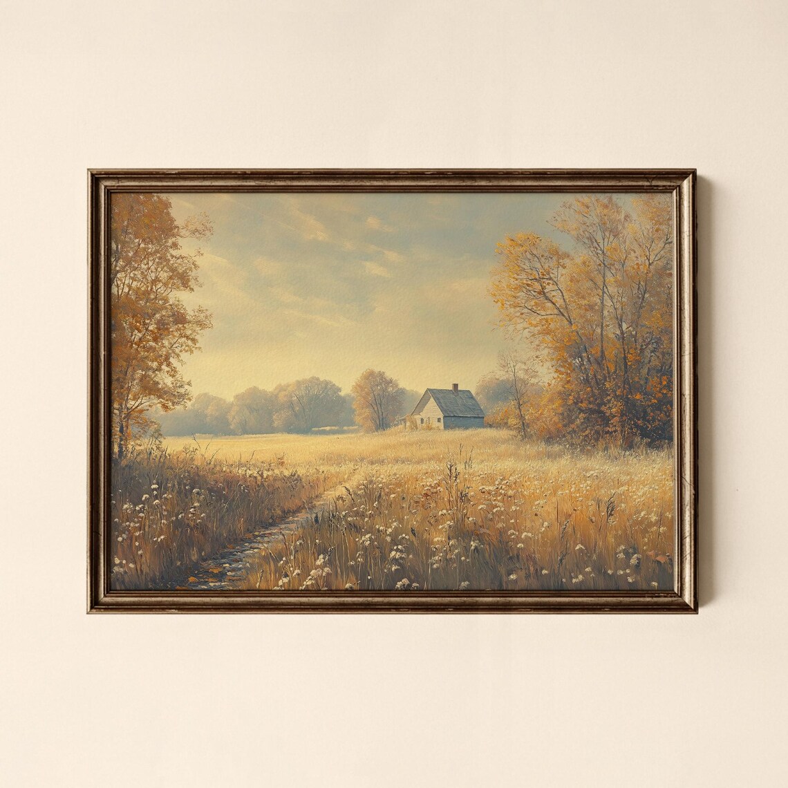 Golden Autumn Countryside Farmhouse Field Vintage Landscape Poster