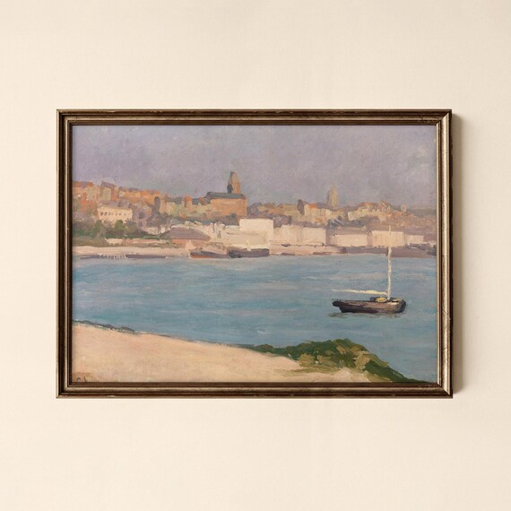 Vintage European Coastal Harbor Town Sailboat Oil Painting Poster