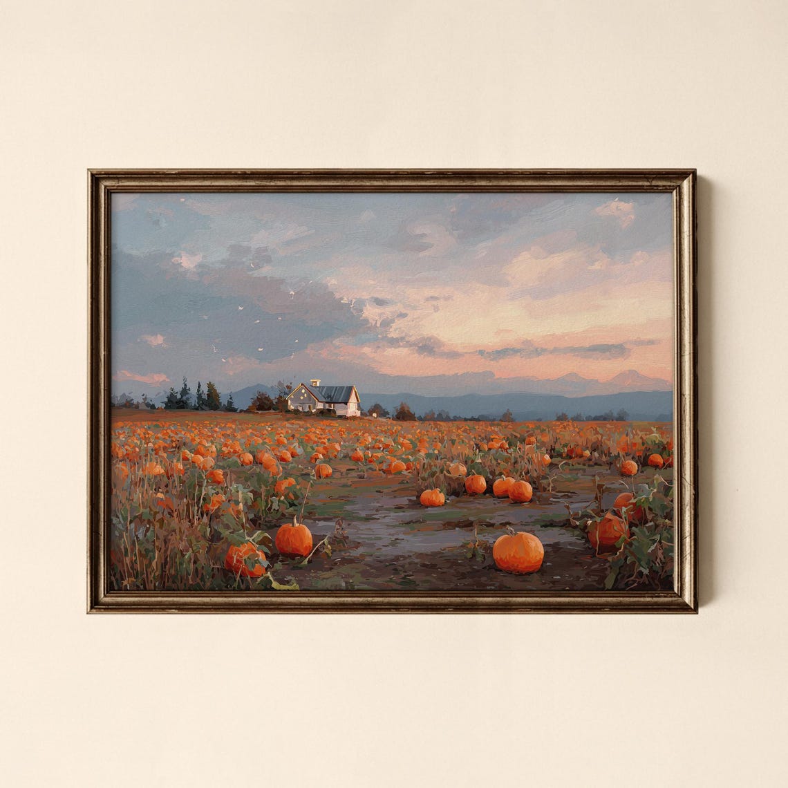Vintage Autumn Pumpkin Patch Sunset Farmhouse Landscape Art Poster